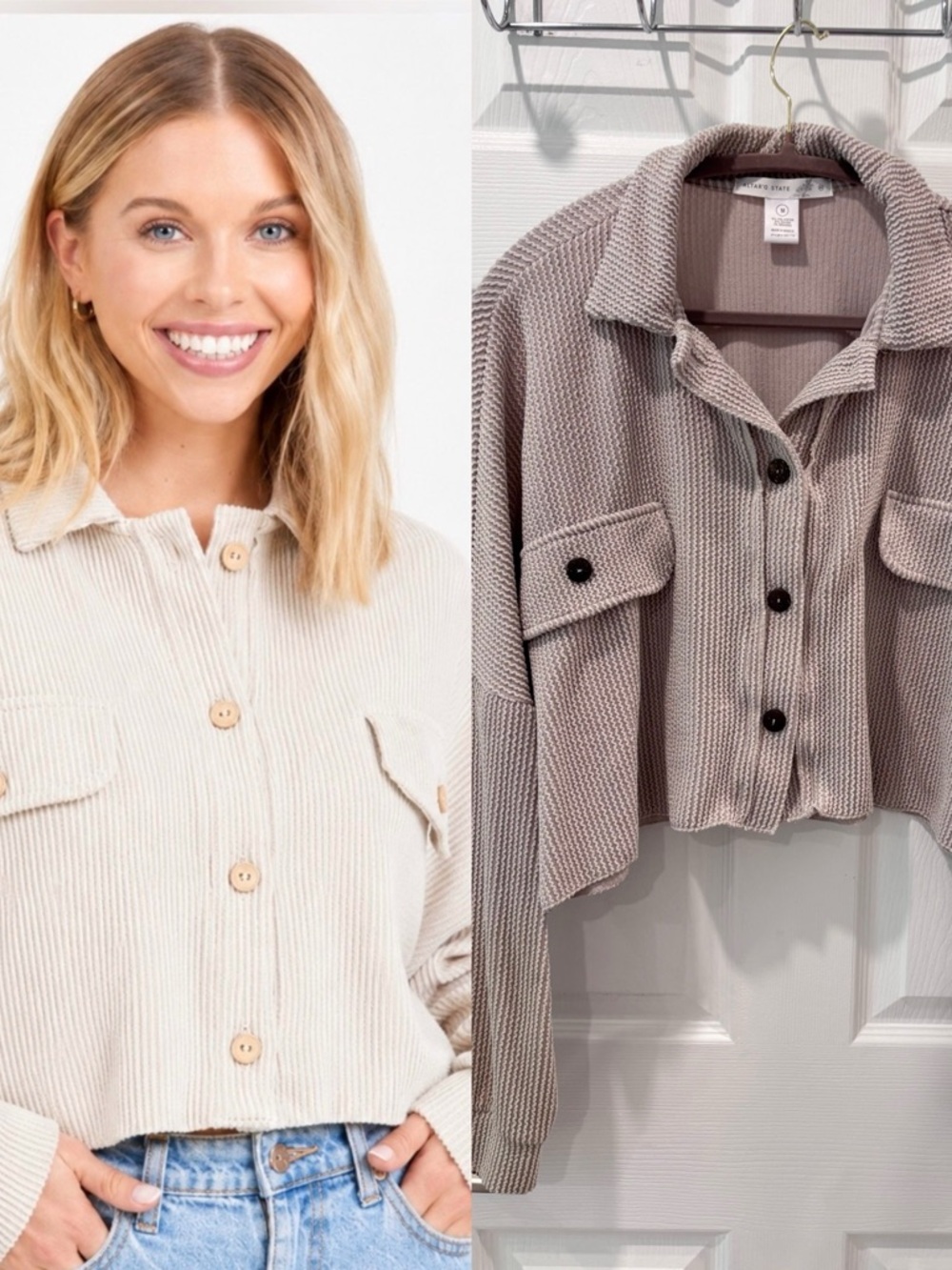 Altar’d State Cropped Shacket in Taupe size Medium